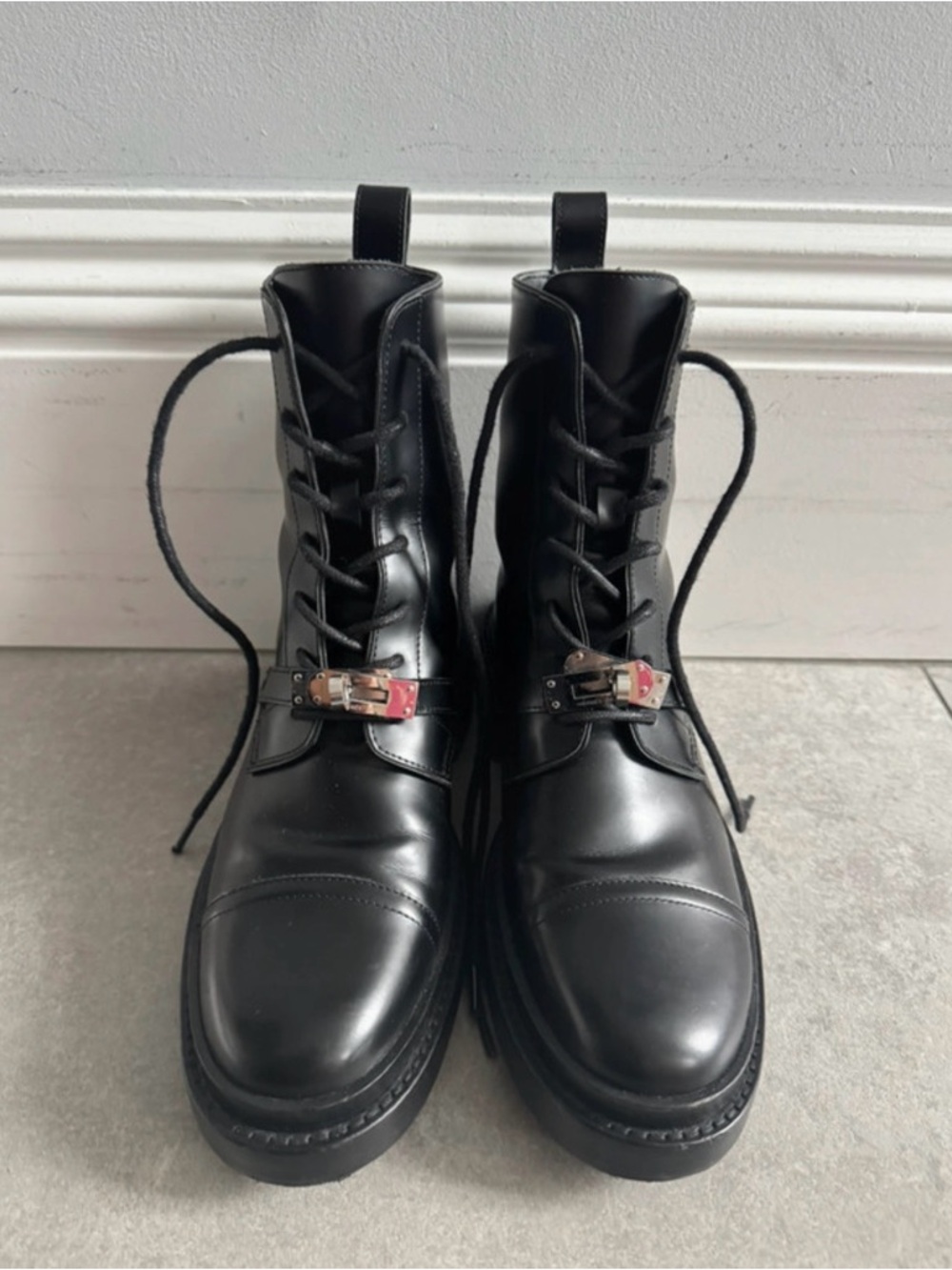 Hermes Black Leather Women's Combat Boots with Buckle Accent
